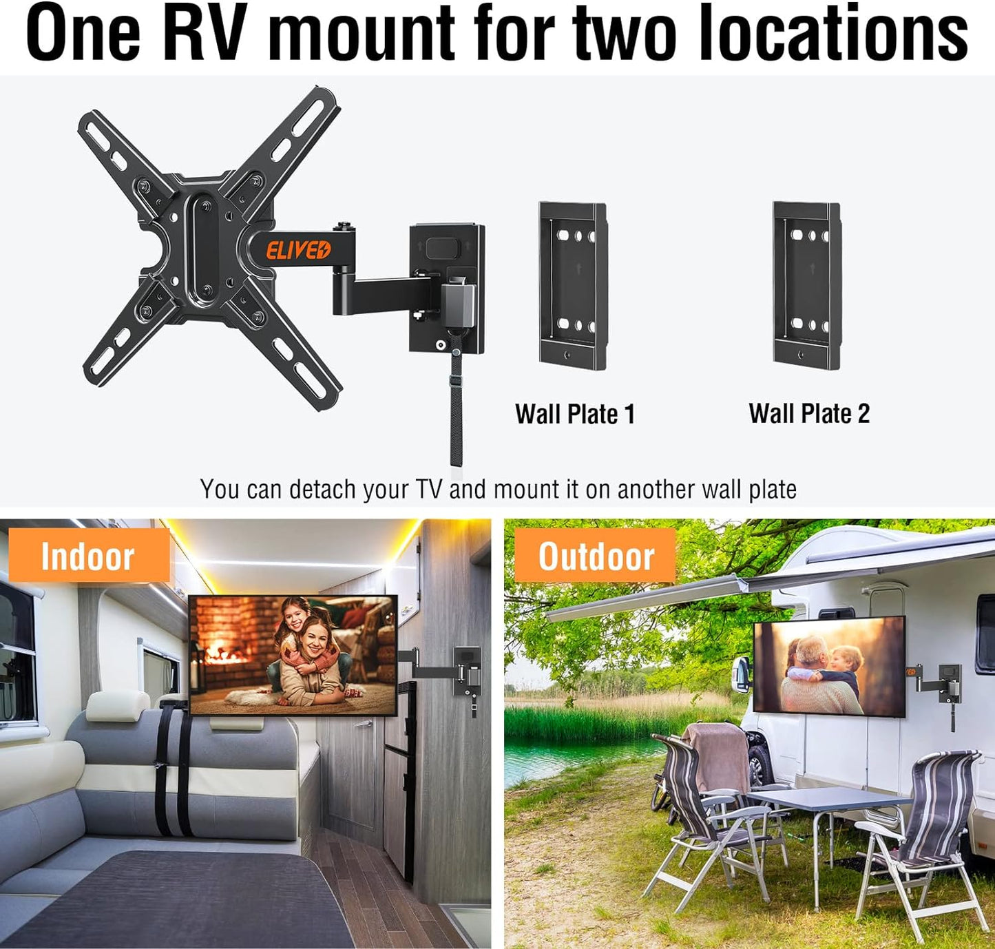 ELIVED Lockable RV TV Mount for Most 13-43 Inch TVs, RV TV Wall Mount Swivel and Tilt for Camper Trailer Motorhome, Detachable TV Bracket with Double Wall Plates, Max VESA 200x200mm, up to 22LBS