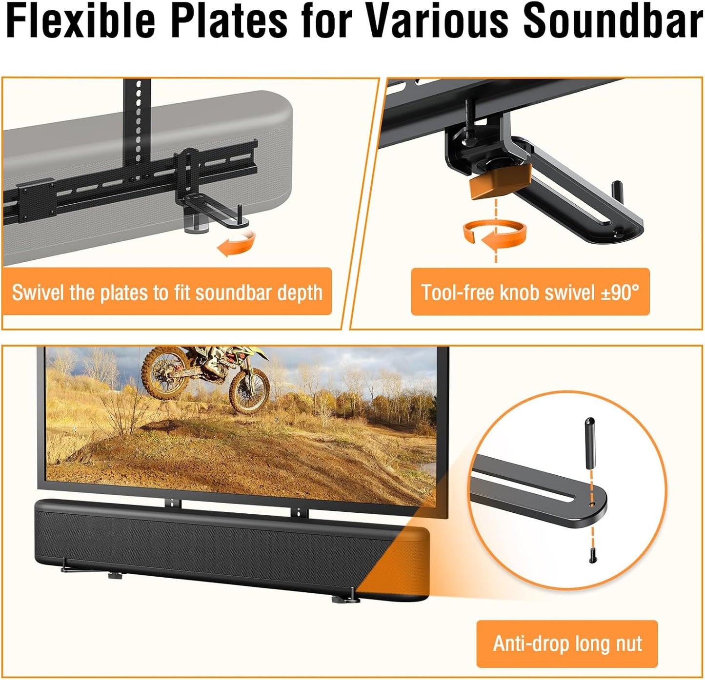 ELIVED Soundbar Mount, Soundbar Mounting Bracket Under TV, Sound Bar TV Mount with L-Brackets Swivel to fit Soundbars with/Without Holes, 31.5" Long Brackets for Most TVs, 15 Lbs Loading, YD5012