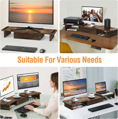 ELIVED Dual Monitor Stand Riser with Drawer-Adjustable Length and Angle, Monitor Stand Riser for 2 Monitors, Desktop Organizer Stand for Computer/Laptop/PC/Printer (Rust Brown)