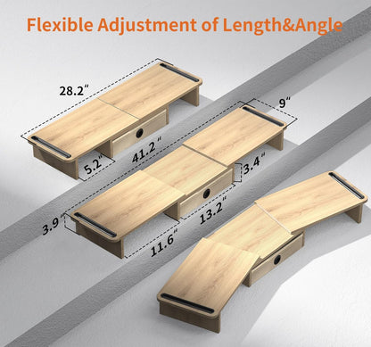 ErgoFocus Dual Monitor Stand Riser with Drawer-Adjustable Length and Angle, Monitor Stand Riser for 2 Monitors, Desktop Organizer Stand for Computer/Laptop/PC/Printer (Oak)