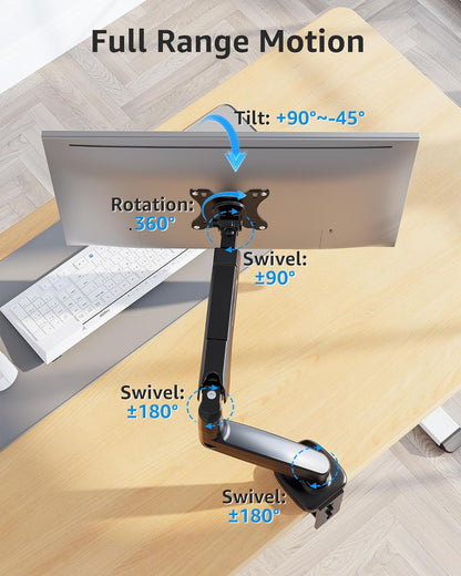 DreamAxis Single Monitor Desk Mount, Adjustable Gas Spring Monitor Arm Support Max 32 Inch, 4.4-17.6lbs Screen, Computer Monitor Stand Holder with Clamp/Grommet Mounting Base, VESA Mount Bracket, MU0004