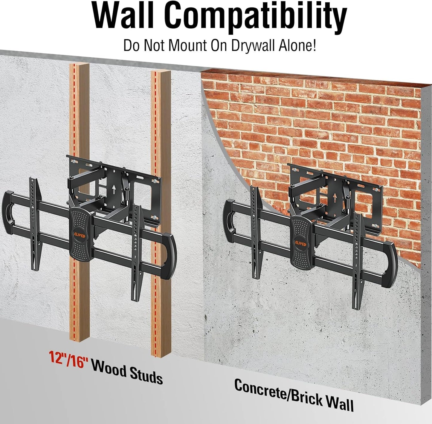 ELIVED UL Listed TV Wall Mount for Most 37-75 Inch Flat Screen TVs, Swivel and Tilt Full Motion TV Mount Bracket with Articulating Arms, Max VESA 600x400mm, 100 lbs. Loading, 8“-16" Wood Studs