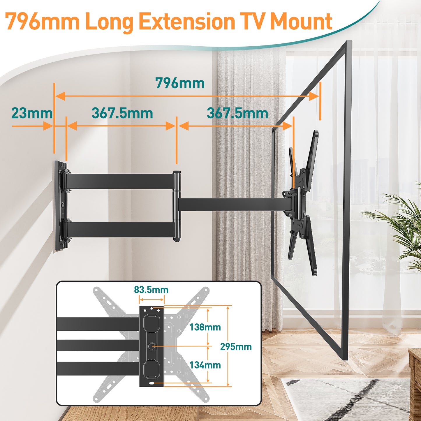ELIVED TV Wall Bracket with 796mm Long Arm for Most 26-65 Inch TVs, Swivel and Tilt Long Extension TV Wall Mount, Full Motion Corner Wall Mount Max VESA 400x400mm up to 45kg