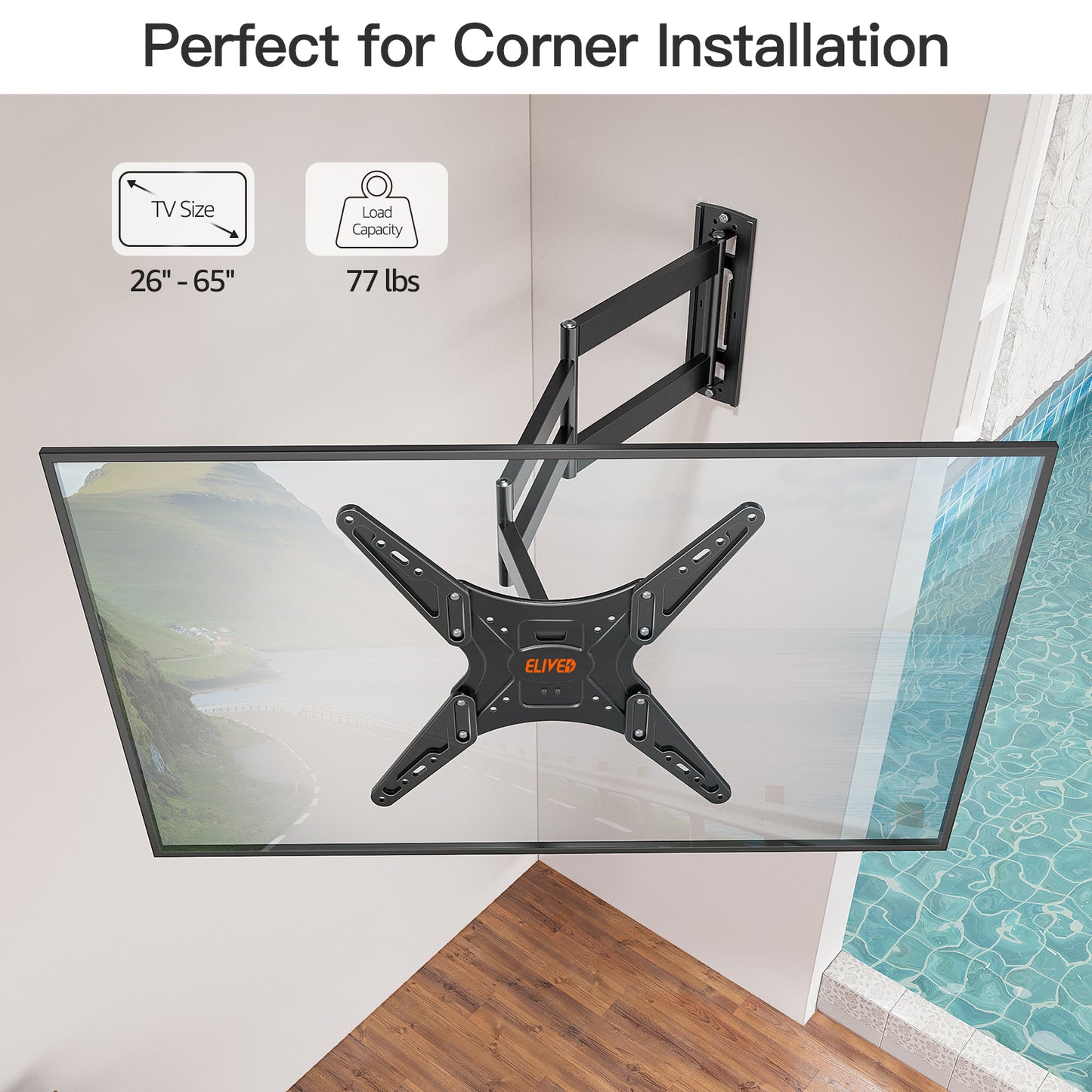 ELIVED Outdoor Long Arm TV Wall Mount for Most 26-65 Inch TVs, 37.4 Inch Long Extension TV Mount Swivel and Tilt, Max VESA 400x400mm, Full Motion Weatherproof Wall Mount tv Bracket Holds up to 77 lbs.  YD3018-OD