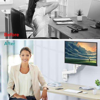 ErgoFocus  Monitor Wall Mount Fits 17-32 Inch Flat/Curved Computer Screens, Single Wall Arm Holds up to 19.8lbs, Height Adjustable Gas Spring Wall Stand Tilt, VESA Mount 75/100, White