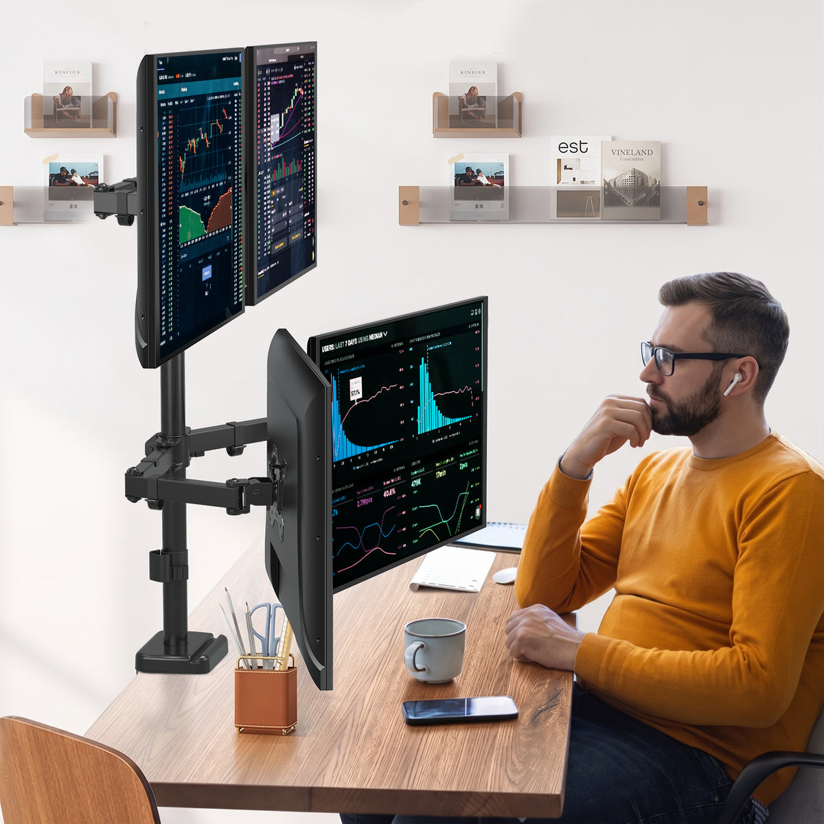 ErgoFocus 4 Monitor Mount for Max 32", Quad Monitor Arm for Desk Fully Adjustable Stacked 4 Desk Stand, 4 Heavy Duty Monitor Mount, Holds up to 17.6lbs per Arm, VESA Mount