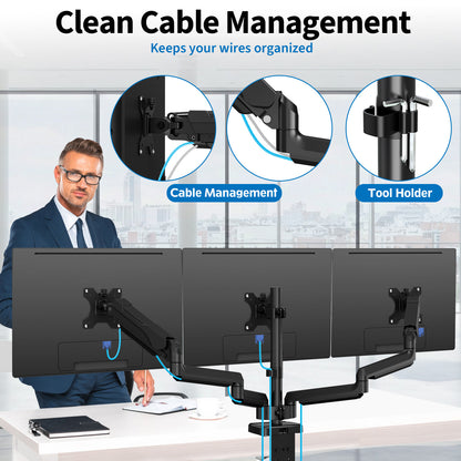 ErgoFocus  Triple Monitor Desk Mount for Computer Screens up to 32"  Holds up to 19.8 lbs Each, 3 Monitor Arm, Heavy Duty Stand Vesa Mount 75x75, 100x100