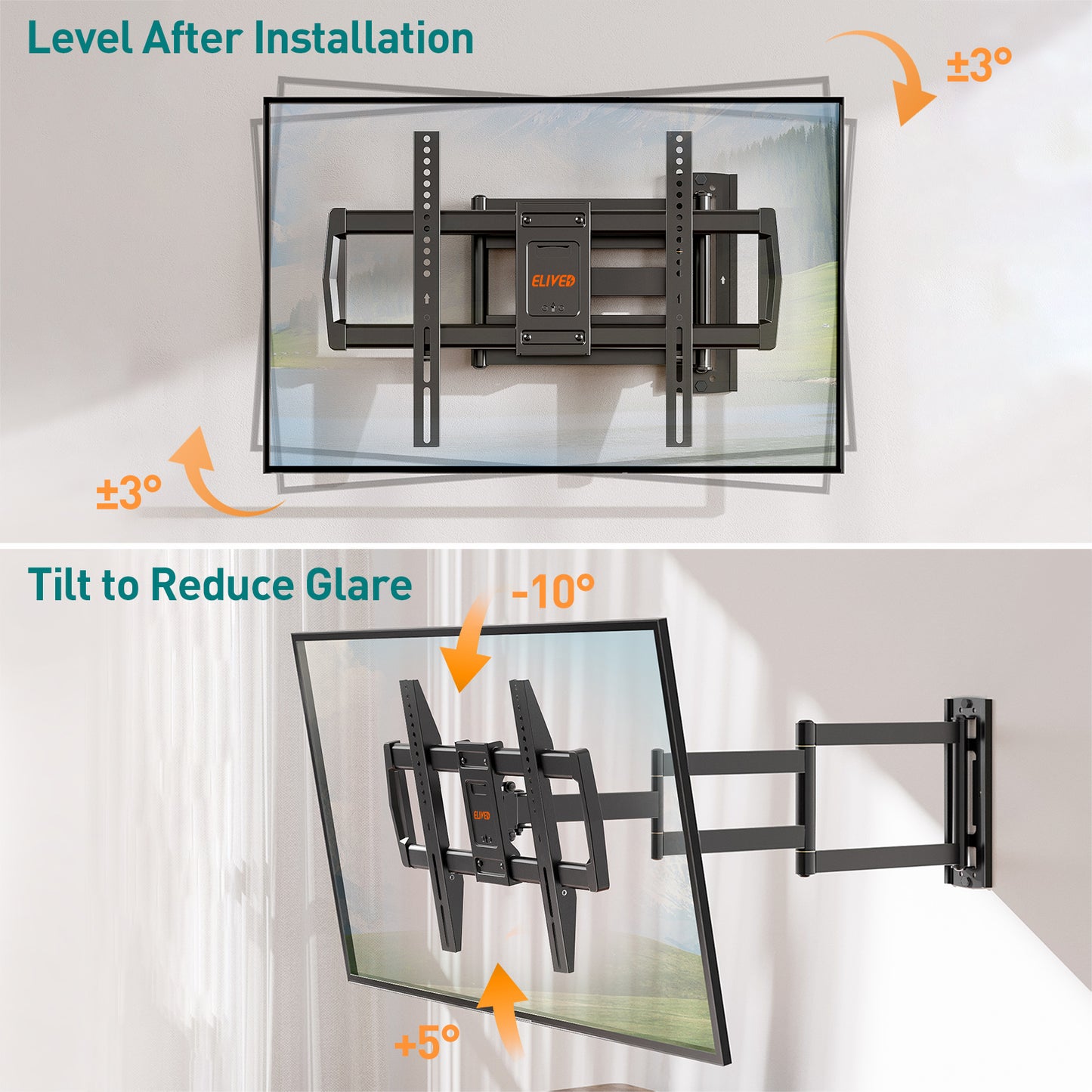 ELIVED 762mm Long Arm TV Wall bracket for Most 42-75 Inch TVs, Long Extension Corner TV Mount, Full Motion Wall Mount Bracket Swivel and Tilt, Holds up to 45KG. Max VESA 600x400mm
