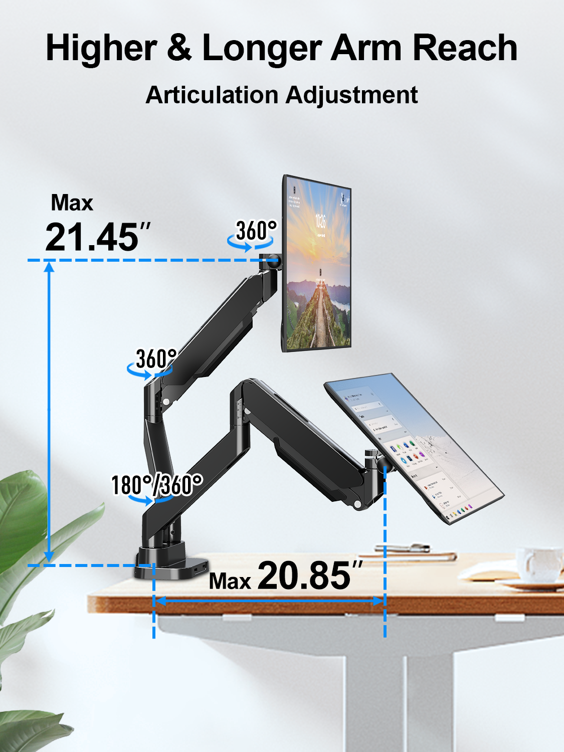 ErgoFocus Dual Monitor Mount Fits Max 39" Computer Screen, Hold 4.4-33 lbs Each Ultrawide Desk Mount, Adjustable Gas Spring Double Monitor Arm, Monitor Stand for 2 Monitors with USB, VESA