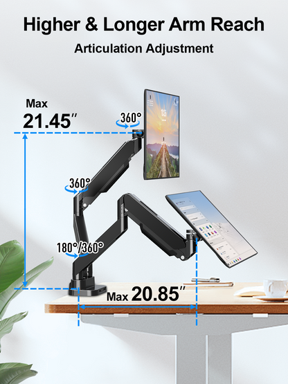 ErgoFocus Dual Monitor Mount Fits Max 39" Computer Screen, Hold 4.4-33 lbs Each Ultrawide Desk Mount, Adjustable Gas Spring Double Monitor Arm, Monitor Stand for 2 Monitors with USB, VESA