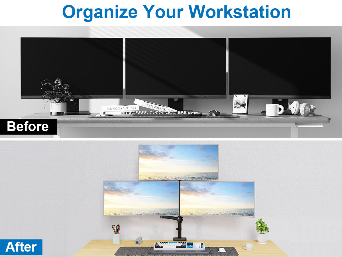ErgoFocus Triple Monitor Mount Fits Max 32" Computer Screen, Holds up to 17.6lbs Each Arm, 3 Monitor Desk Mount, Triple Stand with Tilt Swivel Rotation, VESA Mount 75/100mm