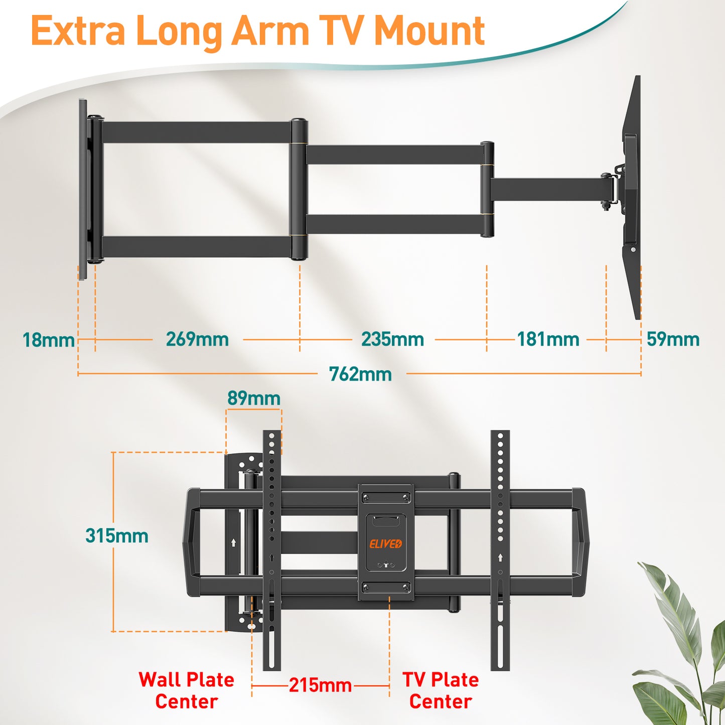 ELIVED 762mm Long Arm TV Wall bracket for Most 42-75 Inch TVs, Long Extension Corner TV Mount, Full Motion Wall Mount Bracket Swivel and Tilt, Holds up to 45KG. Max VESA 600x400mm