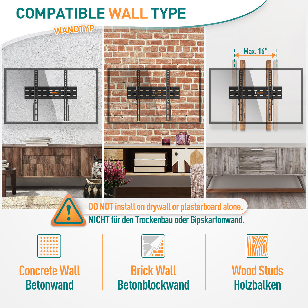ELIVED TV Wandhalterung für 26-60'' TVs bis zu 45kg Max VESA 400x400mm