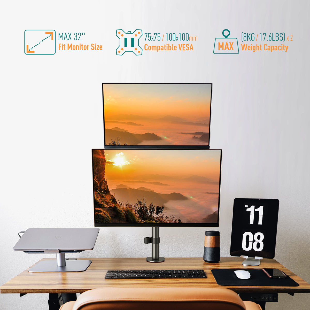 ELIVED Vertical Stack Dual Monitor Arm for Most 13-32 Inch Screens