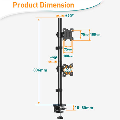 ELIVED Vertical Stack Dual Monitor Arm for Most 13-32 Inch Screens
