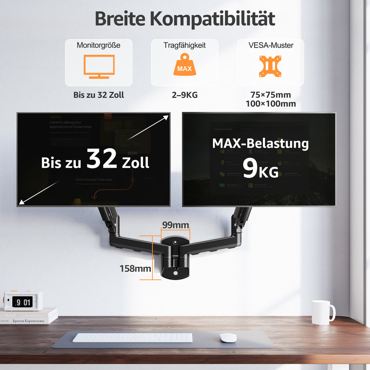 ELIVED Monitor Wandhalterung 2 Monitore für Max. 32" Monitor bis zu 9kg