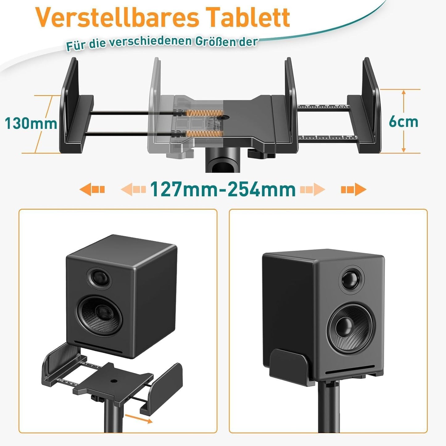 ELIVED Universal Lautsprecherständer höhenverstellbar, Boxenständer mit ausziehbare Auflagenplatte und interner Kabelkanal für Regallautsprecher, 5kg Tragkraf, 1 Paar EV5028