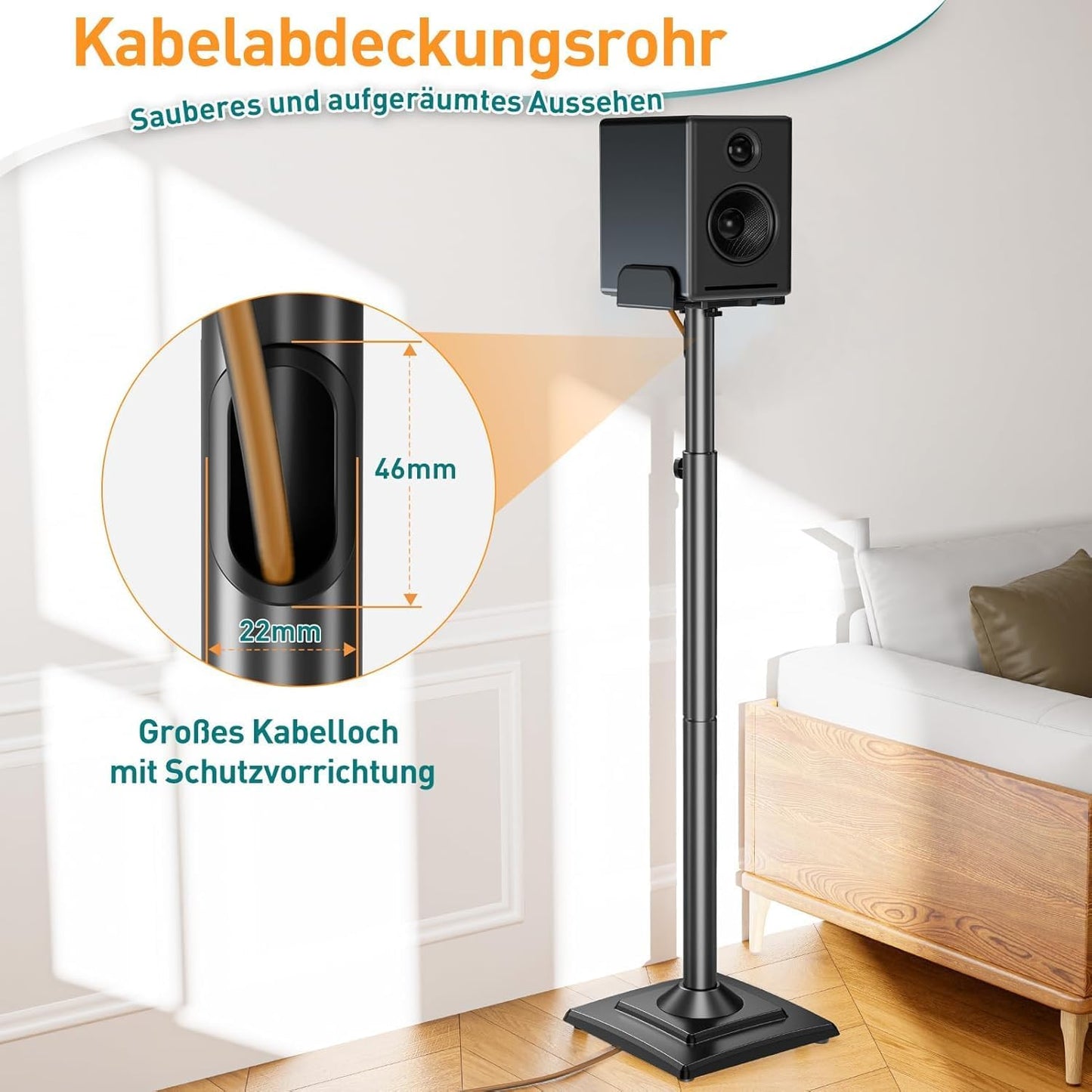 ELIVED Universal Lautsprecherständer höhenverstellbar, Boxenständer mit ausziehbare Auflagenplatte und interner Kabelkanal für Regallautsprecher, 5kg Tragkraf, 1 Paar EV5028