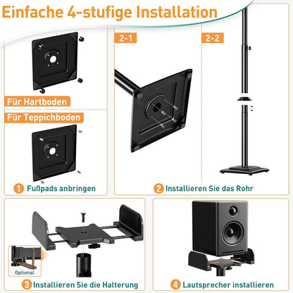 ELIVED Universal Lautsprecherständer höhenverstellbar, Boxenständer mit ausziehbare Auflagenplatte und interner Kabelkanal für Regallautsprecher, 5kg Tragkraf, 1 Paar EV5028