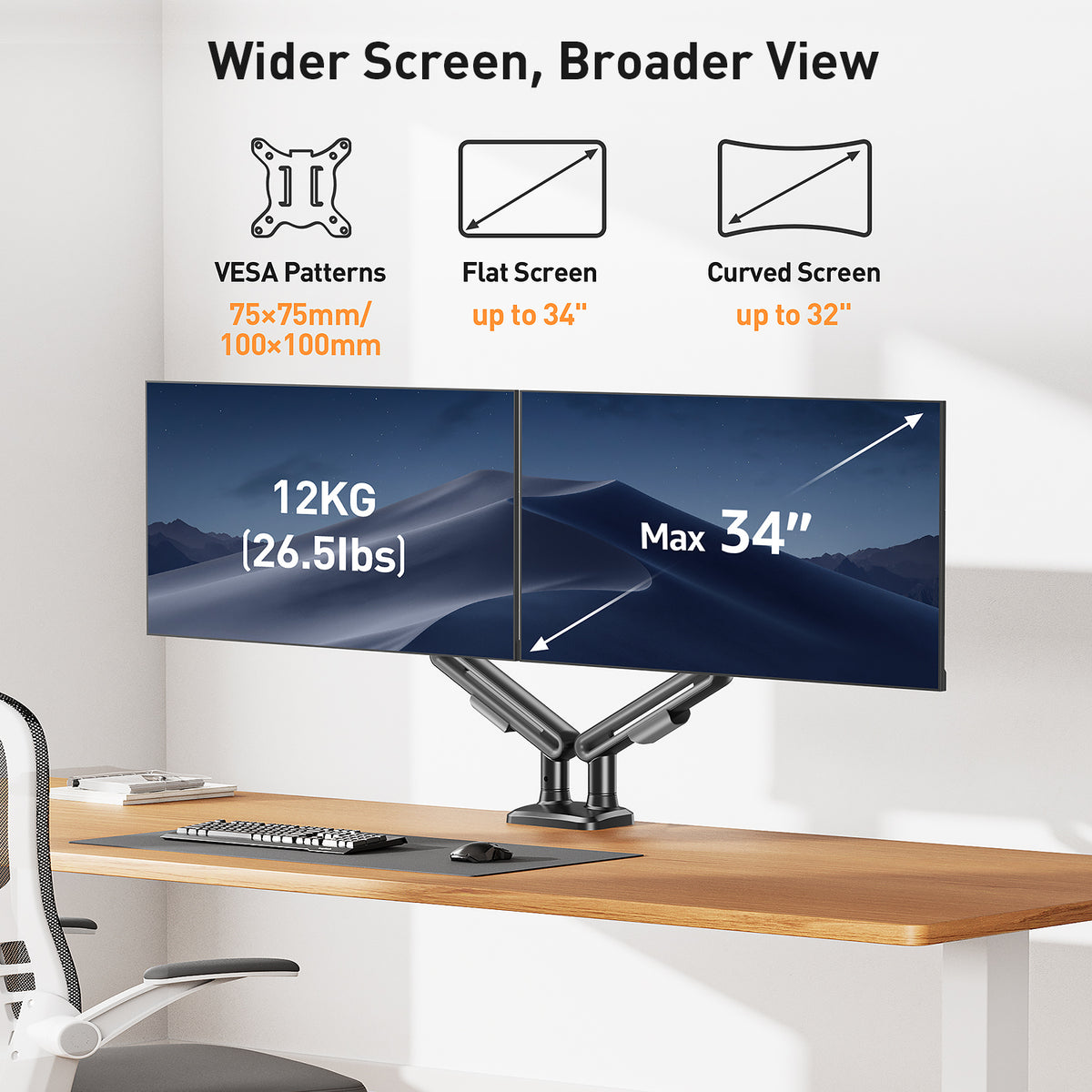 ELIVED Dual Monitor Gas Spring Arm for 13-34 inch Screens, up to 12kg