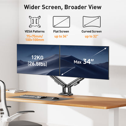 ELIVED Dual Monitor Gas Spring Arm for 13-34 inch Screens, up to 12kg
