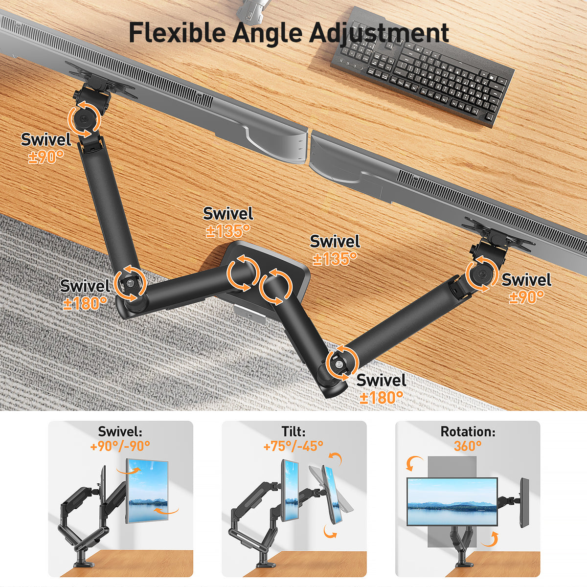 ELIVED Dual Monitor Gas Spring Arm for 13-34 inch Screens, up to 12kg