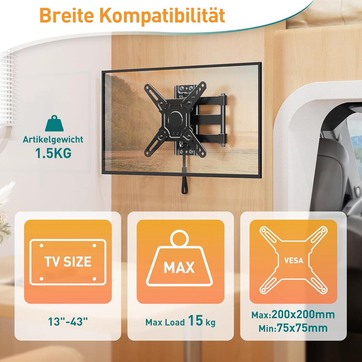 ELIVED RV TV-Halterung für Wohnmobile, Wohnwagen Arretierbare TV Halterung für die meisten 13-43 Zoll TVs, schwenk- und neigbar für Wohnwagen, Wohnmobile, LKWs. max VESA 200x200mm bis zu 15 KG
