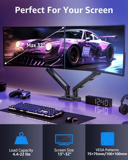 HOMOUNT Dual Monitor Mount for 13-32 inch Screens, Gas Spring Monitor Stand for 2 Monitor, Full Adjustable Monitors Desk Mount with C-Clamp＆Grommet Base, Each Arm Holds Max 22 lbs