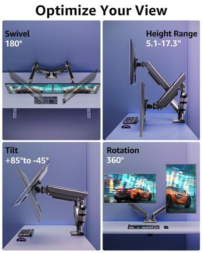 HOMOUNT Dual Monitor Mount for 13-32 inch Screens, Gas Spring Monitor Stand for 2 Monitor, Full Adjustable Monitors Desk Mount with C-Clamp＆Grommet Base, Each Arm Holds Max 22 lbs