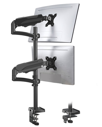 ErgoFocus  Vertical Dual Monitor Mount Fit up to 32", Stacked Monitor Stand for 2 Computer Screens, Gas Spring Full Motion Adjustable Tall Display Desk Mount, Each Arm Holds up to 17.6lbs, VESA Mount
