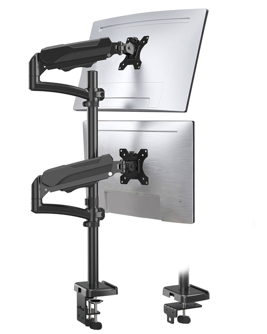 ErgoFocus  Vertical Dual Monitor Mount Fit up to 32", Stacked Monitor Stand for 2 Computer Screens, Gas Spring Full Motion Adjustable Tall Display Desk Mount, Each Arm Holds up to 17.6lbs, VESA Mount